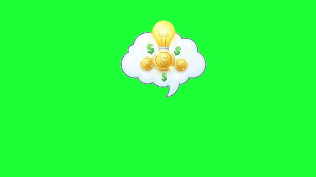 Animated thought bubble with glowing light bulb and gold coins symbolizing financial success
