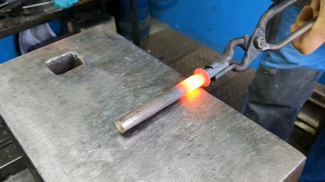 A skilled metalworker uses traditional blacksmithing techniques to shape a glowing hot iron rod on a heavy steel anvil using a hammer and tongs in an industrial workshop environment
