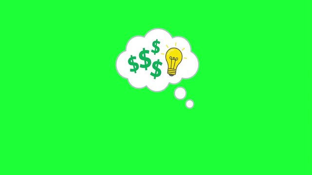 Animated thought bubble with green dollar signs and a glowing yellow lightbulb symbolizing