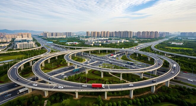 Complex multi level highway interchange with truck