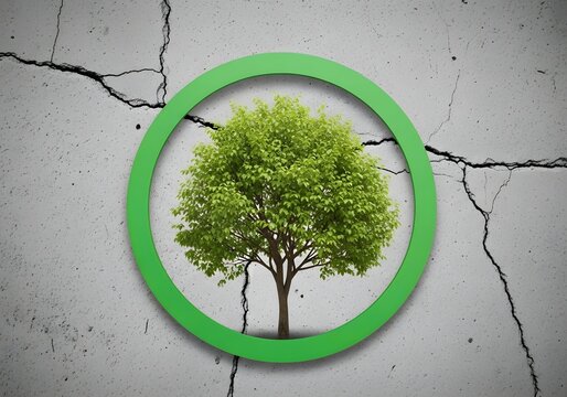 Green tree growing from cracked concrete wall