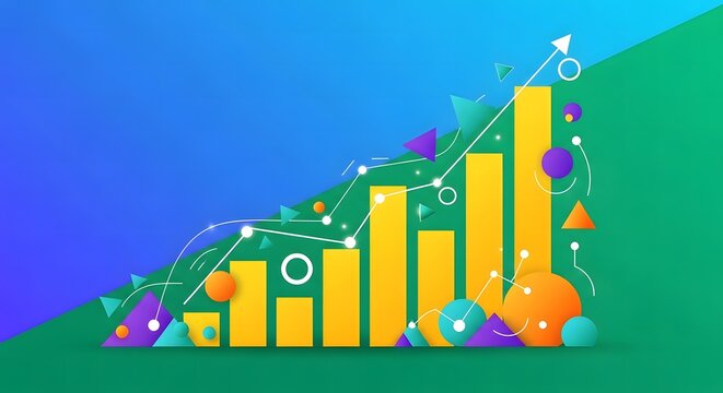 Growing yellow bar chart with colorful icons and lines