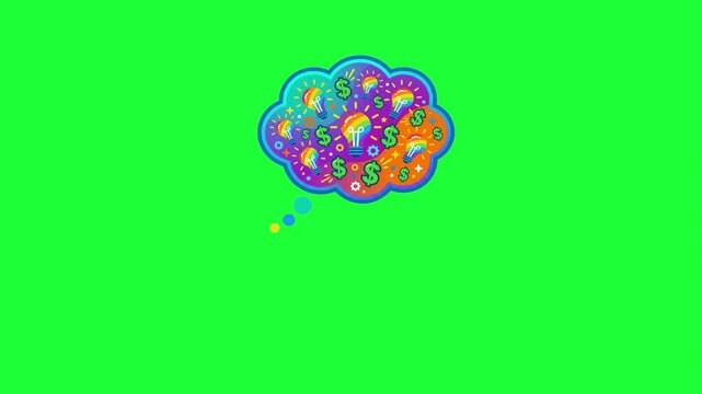 Colorful thought bubble filled with glowing light bulbs and dollar signs symbolizing creative
