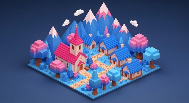 Isometric fantasy village with colorful buildings