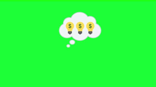 Animated thought bubble with three glowing light bulbs each featuring a dollar sign symbolizing