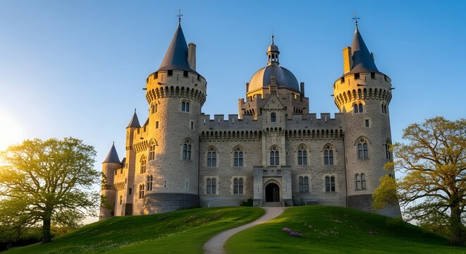 Majestic medieval castle with towers under blue sky