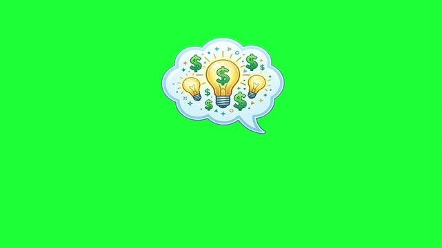 Animated thought bubble with glowing light bulbs and dollar signs symbolizing financial success