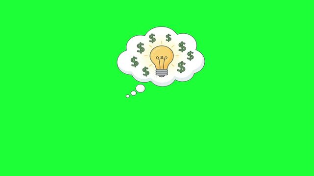 Animated thought bubble with glowing light bulb surrounded by dollar signs representing financial