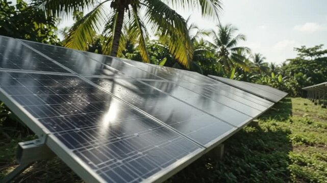 Aerial view of solar panel array installation on tropical island surrounded by ocean