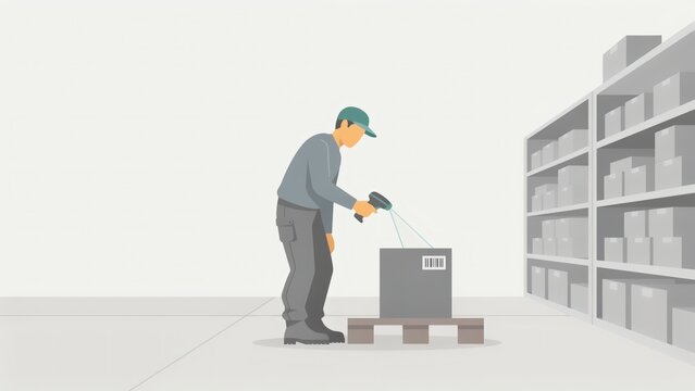 Warehouse worker scanning a parcel with a handheld barcode reader in a storage facility with worker wearing cap work clothes scans box wooden pallet inside storage warehouse