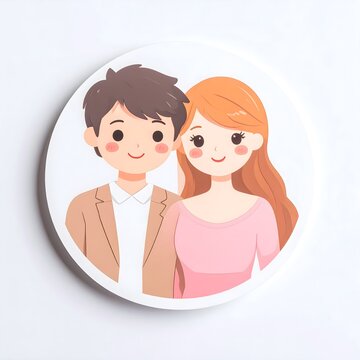 Sweet cartoon couple portrait in simple round frame, young man and woman facing forward, warm neutral clothing, clean minimalist romantic illustration, love and relationship concept.