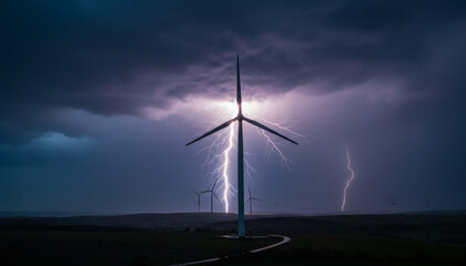 Obraz premium Wind turbine during thunderstorm with lightning strikes in the sky 