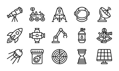 Space exploration line icons set, 15 astronomy and galaxy vector symbols, minimalist rocket and satellite outline graphics for science apps © MdMahmudulHasan