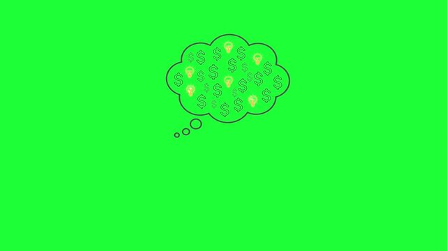 Animated thought bubble filled with glowing light bulbs and dollar signs symbolizing financial
