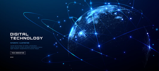 Fototapeta na wymiar Digital world globe with glowing network connections, orbital lines and illuminated dots isolated on dark blue background with copy space. Futuristic global communication technology concept. Vector