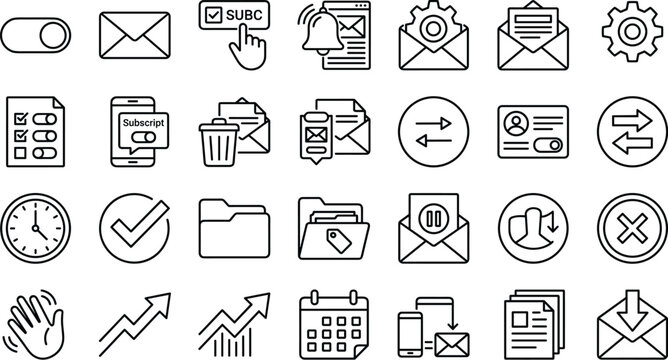 Comprehensive email marketing and user subscription management vector icon set featuring notification bells preference settings and analytics growth charts.