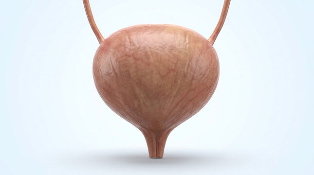 Anatomical model of human urinary bladder with ureters isolated on light background showing bladder wall and urethra
