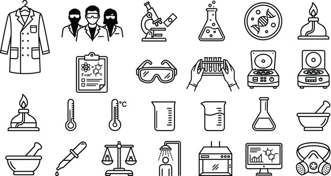 Comprehensive scientific laboratory research and chemistry experiment equipment vector icon set featuring microscopes beakers lab coats and safety gear.