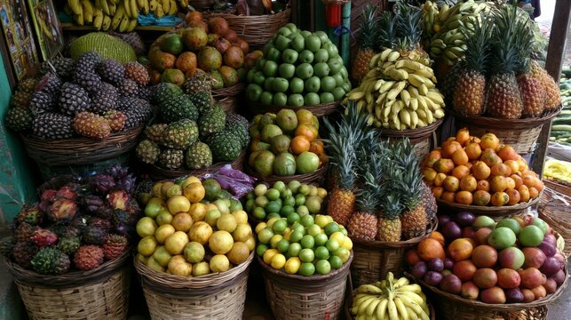 Vibrant Market Display of Fresh Fruits Including Pineapples, Bananas, Apples, Oranges, Limes, and Exotic Varieties in Baskets in Tropical Environment