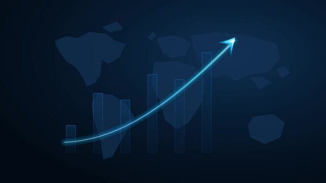 Glowing blue financial arrow pointing up with a bar chart and a world map in the background for business growth