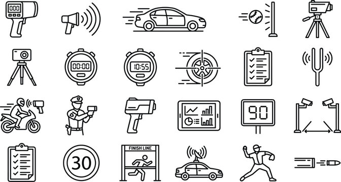 Comprehensive speed measurement traffic radar velocity tracking and law enforcement vector icon set featuring cameras stopwatches runners and vehicles.