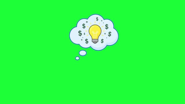 Animated thought bubble with glowing lightbulb surrounded by dollar signs symbolizing financial