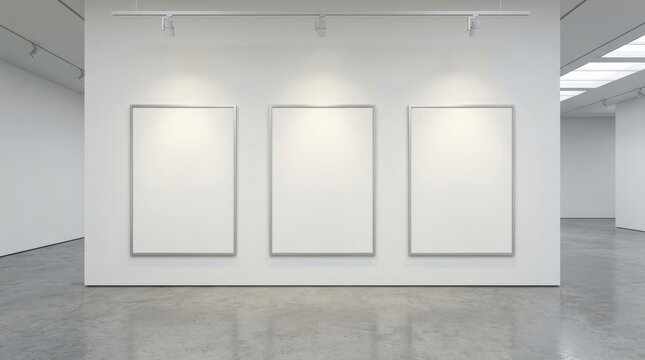 Three blank vertical frames hanging on a bright white gallery wall with professional spotlight illumination in a modern minimalist art museum exhibition space with polished concrete flooring