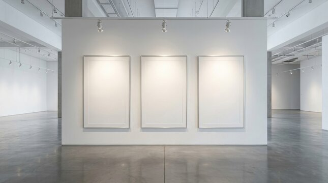 Three blank vertical picture frames hanging on a white gallery wall illuminated by overhead spotlights in a modern spacious exhibition hall with polished concrete floor and bright minimalist interior