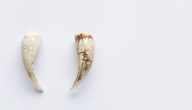 Pair of curved ivory animal tusks or fangs isolated on a plain white background, natural bone texture with brown stains for wildlife, hunting or prehistoric concepts
