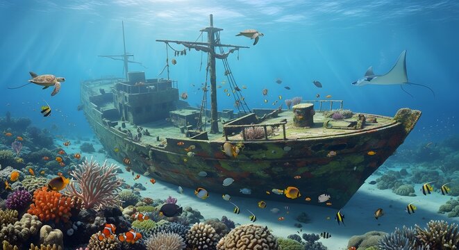 Sunken ship on coral reef underwater