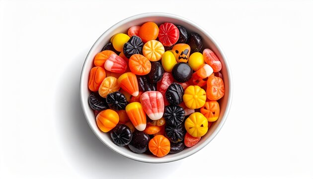 Top view white bowl filled with mixed Halloween candy corn, pumpkin sweets, licorice, gumdrops and fruit slice candies isolated on white