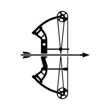 Black compound bow with arrow silhouette design isolated on white for archery sport hobby.