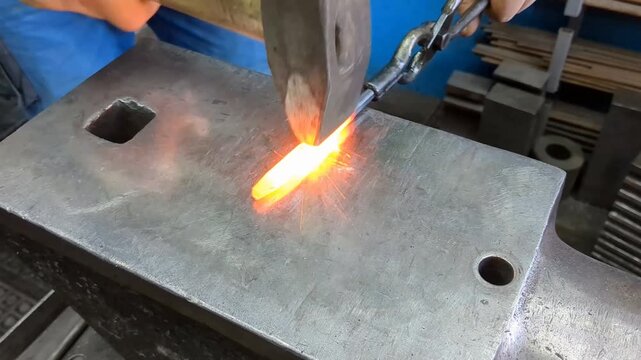 A skilled metalworker uses traditional blacksmithing techniques to shape a glowing hot iron rod on a heavy steel anvil using a hammer and tongs in an industrial workshop environment
