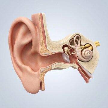 Labeled human ear anatomy cross section diagram showing helix antihelix tragus concha and auditory canal