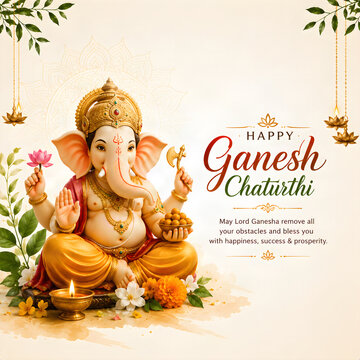 Happy Ganesh Chaturthi Greeting Card with Lord Ganesha, Diya and Flowers