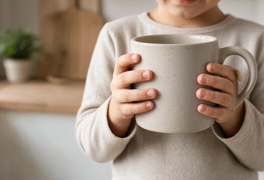 Child Holding A Large Mug With Anticipation And Innocence