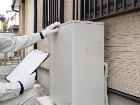 家庭用蓄電池を点検する作業者の手元