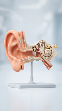 Anatomical model of human ear cross section on stand showing outer middle inner ear and cochlea structure