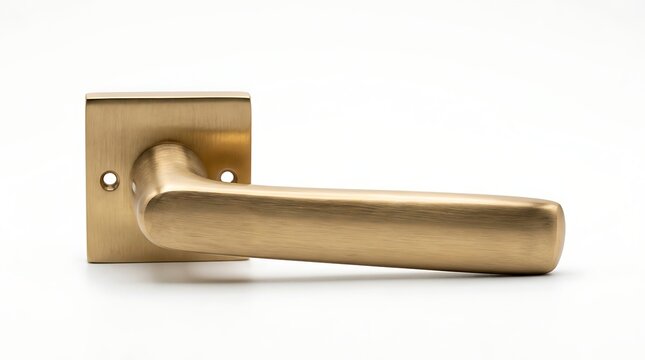 Golden brass door handle with square backplate and straight lever on white background