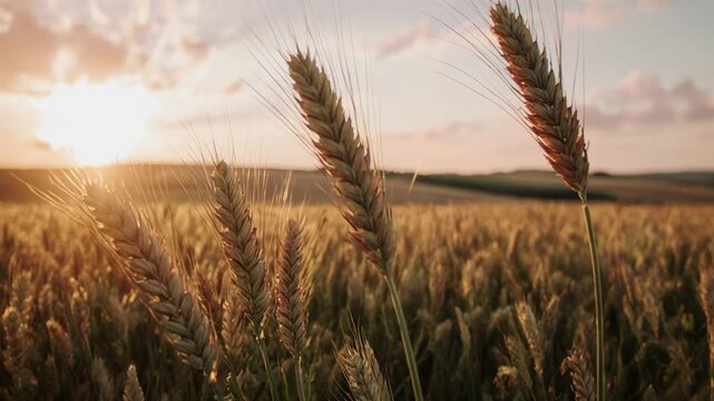 Golden wheat field at sunset with gentle breeze and sun flares cinematic agriculture motion