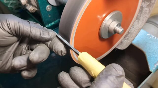 An industrial worker wearing protective black gloves operates a mechanical bench grinder to sharpen and shape a metallic tool blade against a spinning abrasive wheel surface inside a workshop