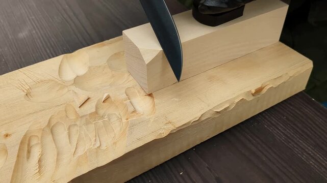 A gloved hand uses a curved metal chisel to carve intricate grooves into a flat wooden plank, creating small chips while shaping the material in a workshop environment with precision tools