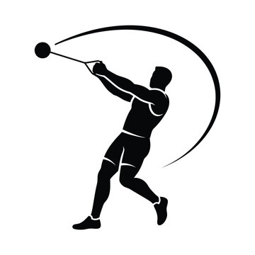 Black silhouette of an athlete performing a hammer throw on a white background.