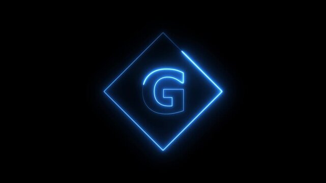 Glowing blue neon letter g inside diamond shape animation on black background, alphabet typography