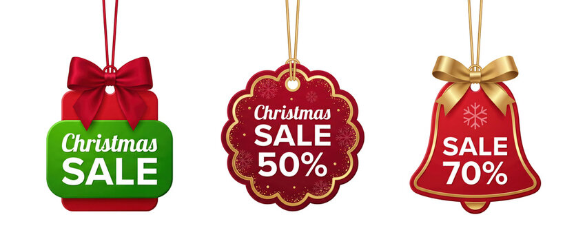 Three decorative holiday sale tags with ribbons on transparent background