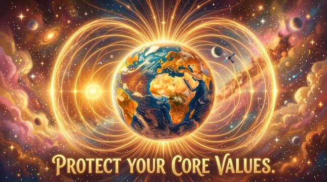 Earth Planet with Magnetic Field Lines and Protect Your Core Values Text in Space