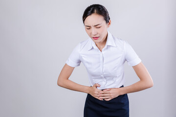 Obraz premium Distressed Woman Clutching Stomach in Pain