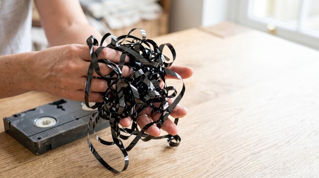 Tangled VCR cassette tape ribbons held in hands on wooden table. Complex arrangement of black tape reveals nostalgic media technology. Concept of vintage film memories and home entertainment.