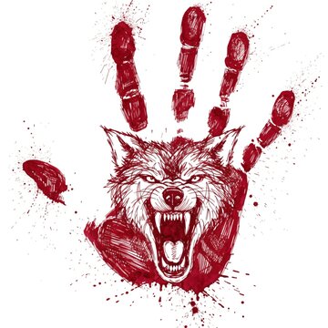 Snarl Wolf Face inside Blood Splat Hand