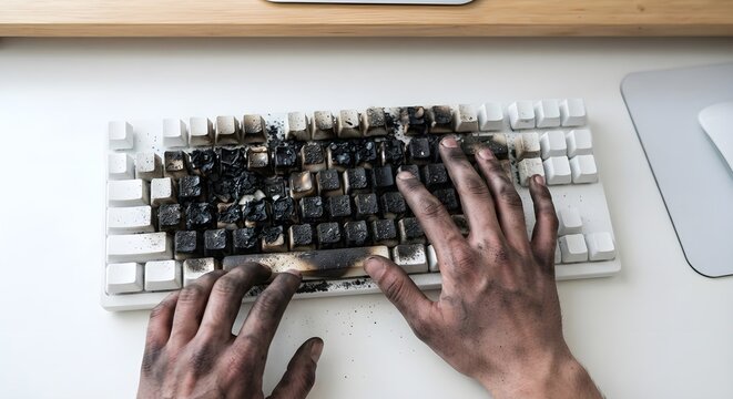 Close-up of soot-stained hands typing on a heavily burned, melted computer keyboard on a white desk, representing computer overheating, failure, and stress.